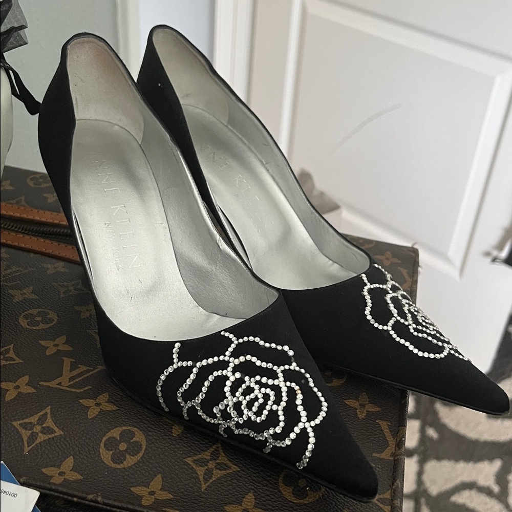 Anne Klein Satin Pumps with Crystal Floral Design